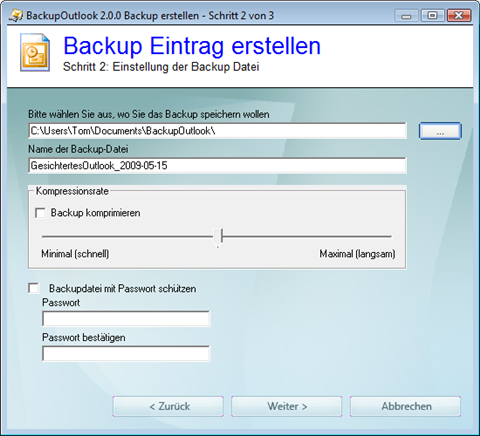 Wo soll das Outlook-Backup erstellt werden?