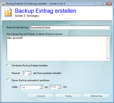 Weitere Angaben zur Outlook-Sicherung